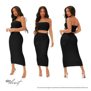 SHEIN SXY Textured Crop Tube Top & Pencil Skirt Set - Black, XS